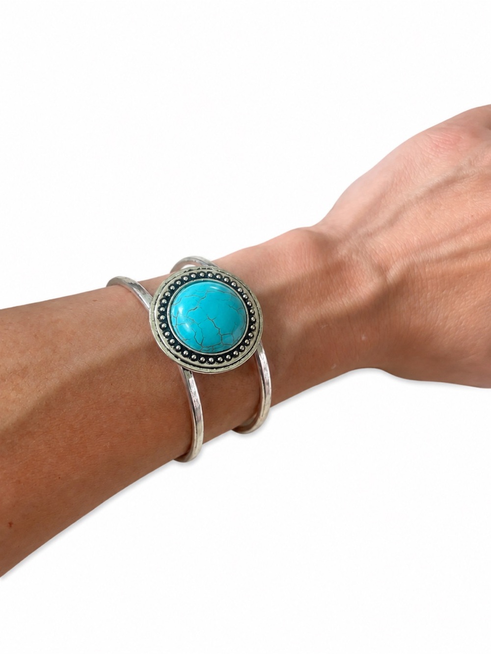 Turquoise Stone Silver Tone Open Cuff Bracelet Southwestern Boho